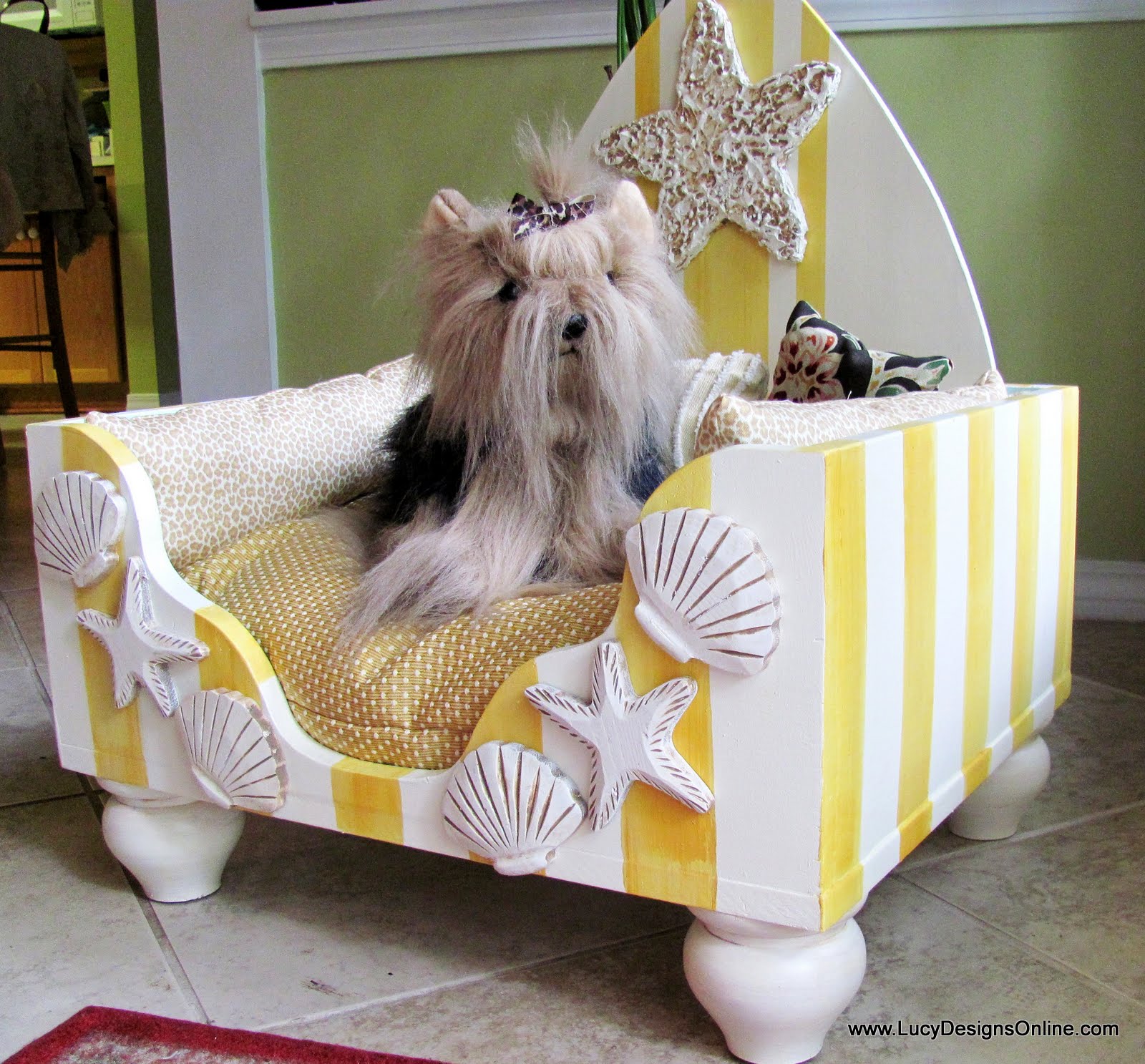 Beach Dog Bed, Beach Style Cabana Design with Skimboard Headboard, Seaside, Beach House Decor