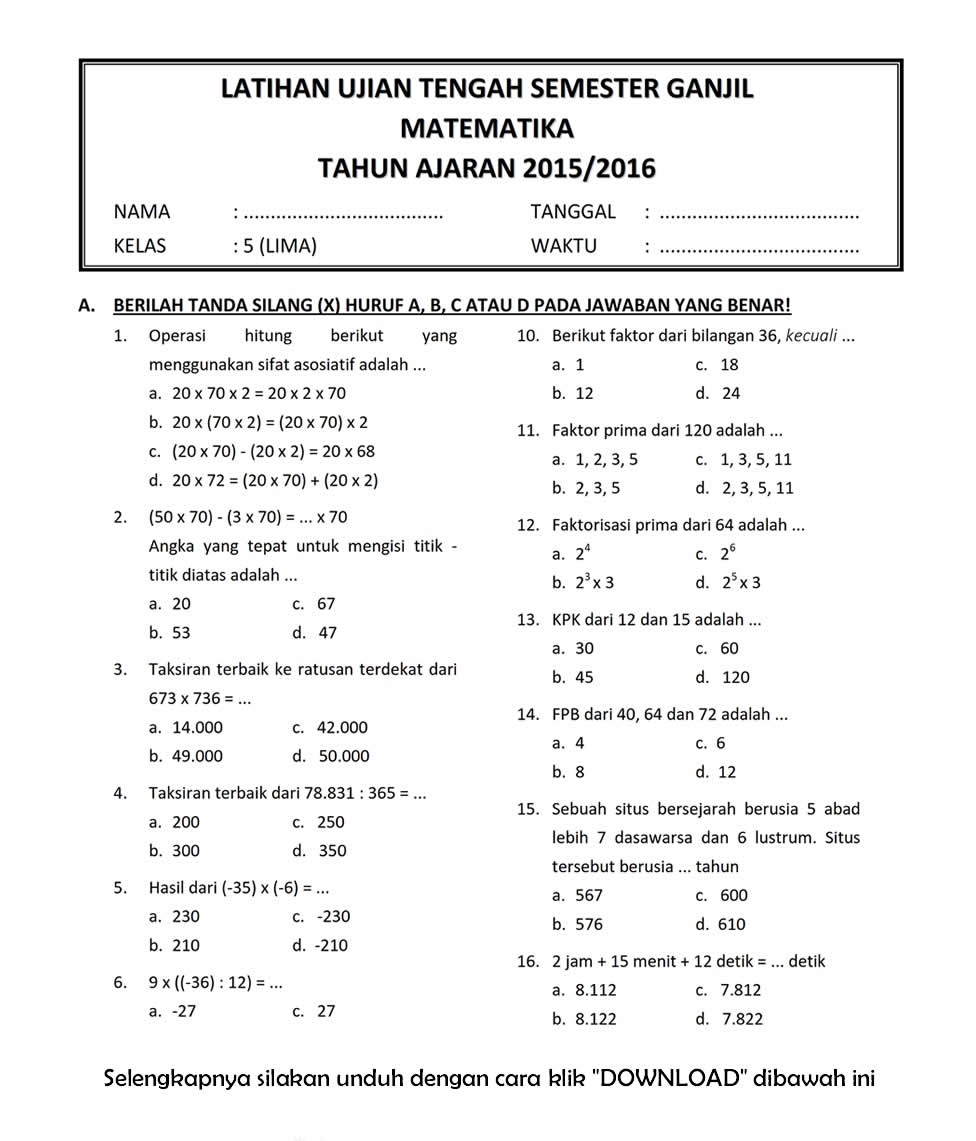Download Soal UTS Ganjil Matematika Kelas 5 SD Semester 1  Tahun Ajaran 2015\/2016 ~ Rief Awa 