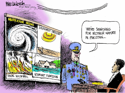 Mike Luckovich cartoon: extreme waether prompts US military to seek Mother Nature in Pakistan
