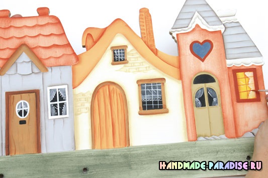 Роспись вешалки с домиками из фанеры Роспись вешалки с домиками из фанеры