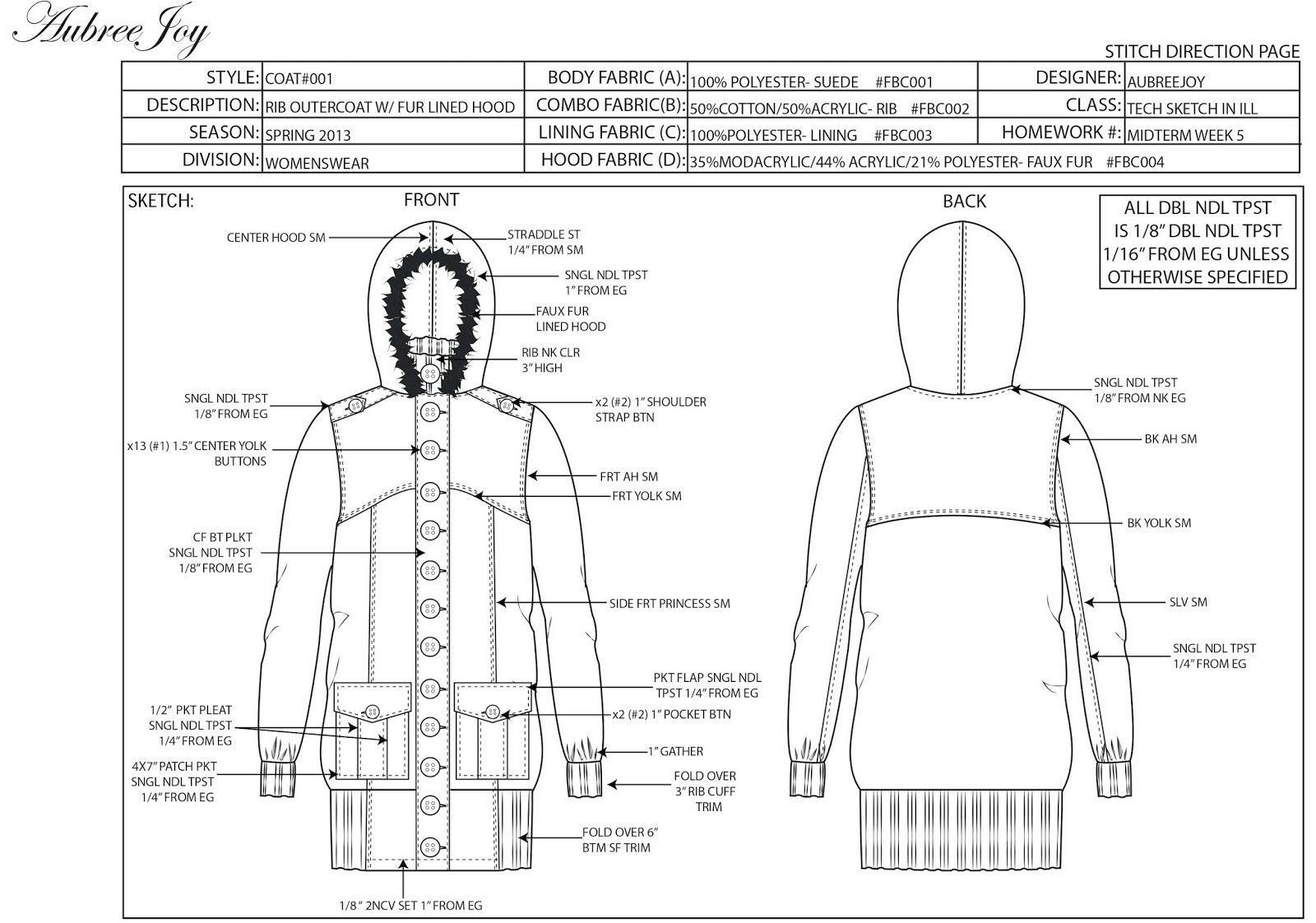Miss Fashion Inventor. Fur Trim Outer Coat Tech Pack