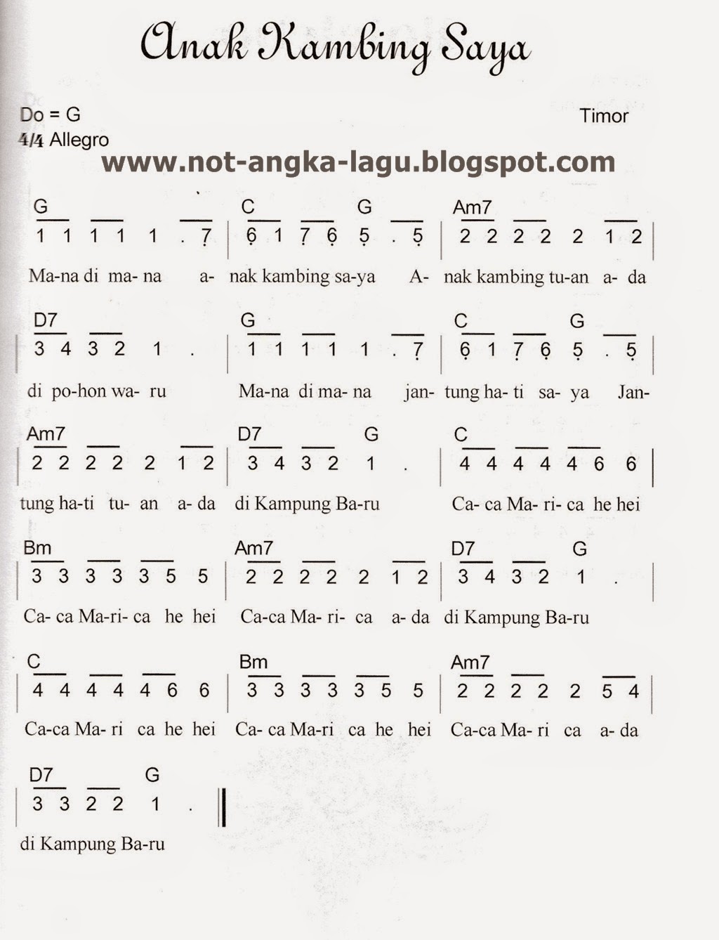 Lirik Lagu Ampar Ampar Pisang Beserta Not Angka