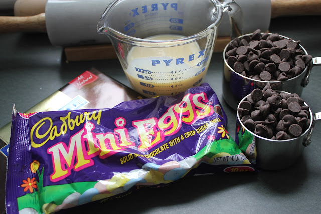 Ingredients for dark chocolate fudge with Cadbury Mini Eggs and sea salt