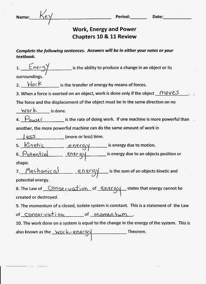 PHYSICS WITH COACH T Work, Power and Energy Review Key