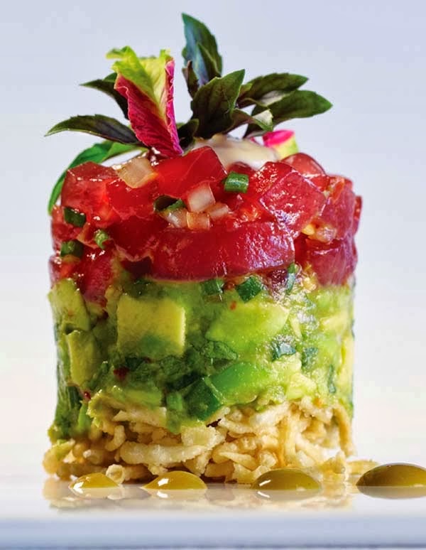 Scrumpdillyicious Ahi Sashimi & Avocado Stack with Wonton Crisps