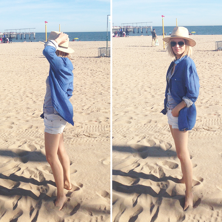 Coney Island beach, toes in the sand, summer 2014, H&M men's blue button down, white Gap short, Ray-Ban aviators, Dorfman Pacific hat Coney Island beach, toes in the sand, summer 2014, H&M men's blue button down, white Gap short, Ray-Ban aviators, Dorfman Pacific hat