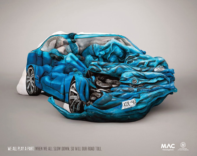 Amazing car crash sculpture made with 17 painted bodies