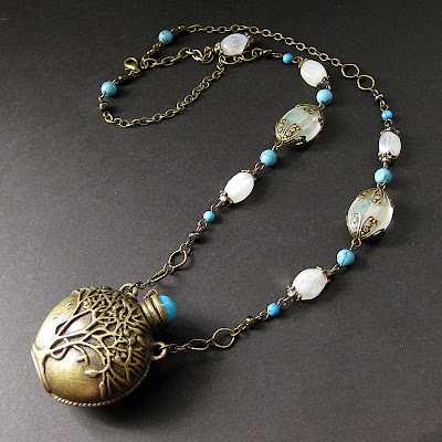 Moonstone and Turquoise Necklace with Tree of Life Bottle