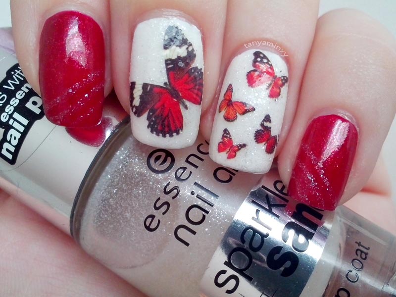 Red and white sparkle butterflies water decals bps nails nail art nail design mani