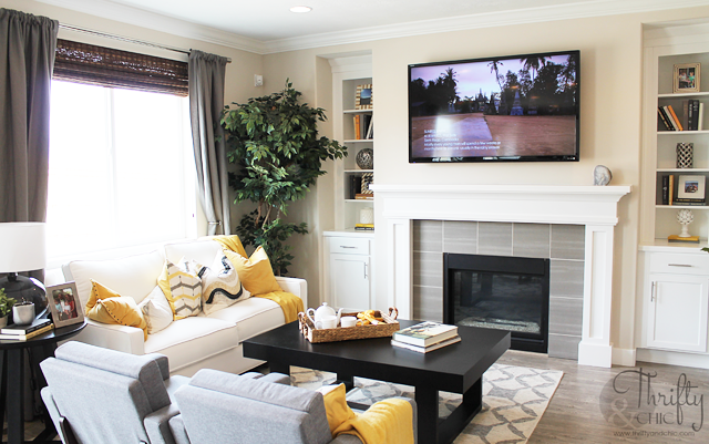 yellow, grey and white living room decor ideas