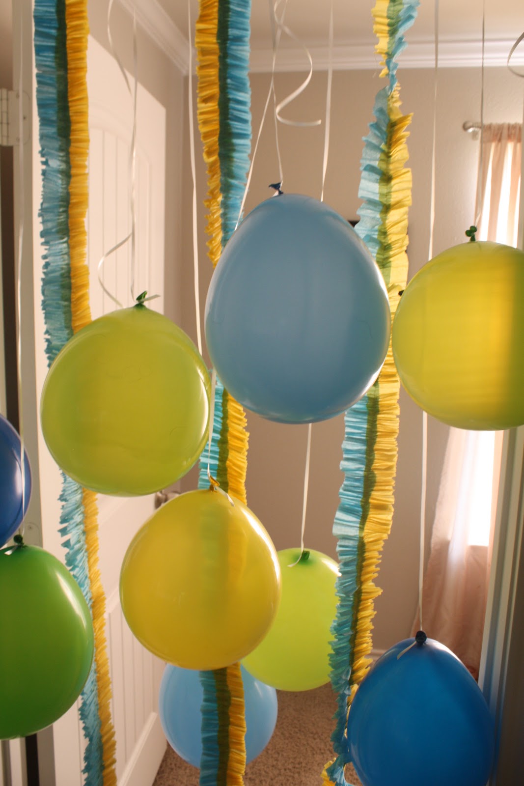 Birthday doorway streamers, made from dollar tree table cloths.