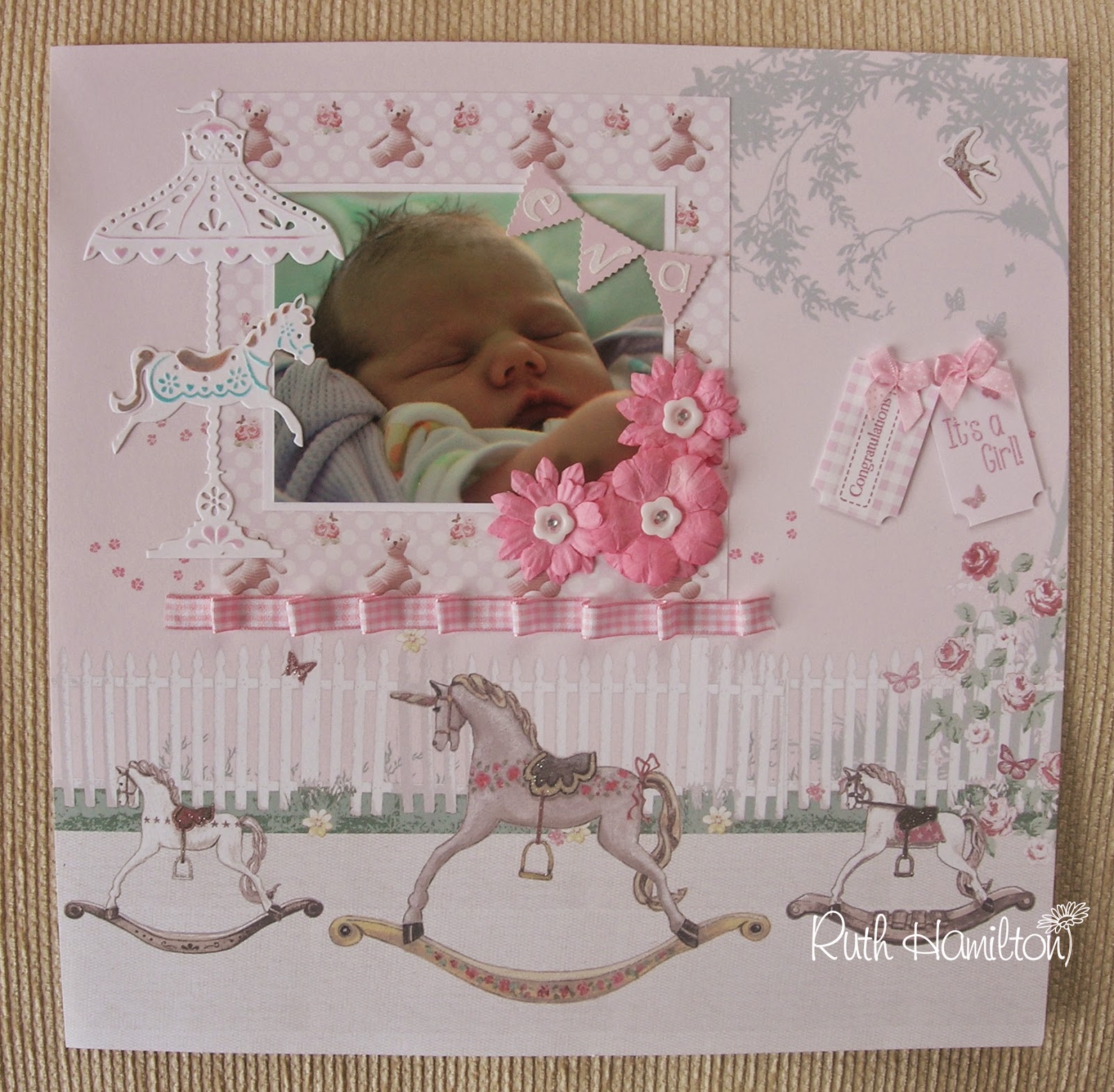 Baby car seat ride girl ~ 2 premade scrapbook pages paper layout