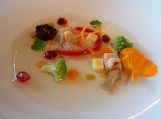 Consomé vegetal, puré de calabaza, chirivia, confitura de membrillo, nabo, zanahoria, patata violeta, comté, ñoquis de boletus edulis, tofu de avellana