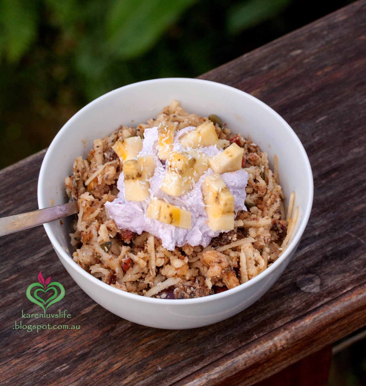Apple and Cinnamon Bircher Muesli with Berry CoYo and Banana