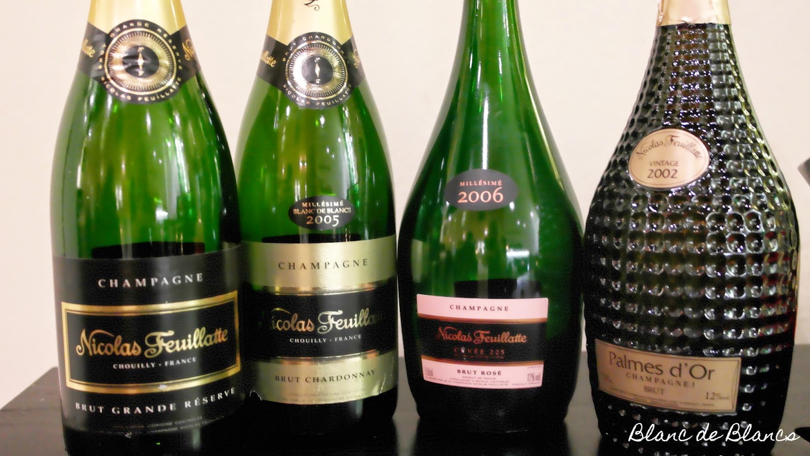 Nicolas Feuillatte Brut Grande Réserve, Brut Chardonnay 2005, Cuvée 225 Rosé 2006 ja Palmes d'Or 2002 Nicolas Feuillatte Brut Grande Réserve, Brut Chardonnay 2005, Cuvée 225 Rosé 2006 ja Palmes d'Or 2002 - www.blancdeblancs.fi
