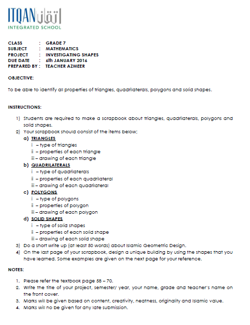 math project 2015 2016 itqan grade 7 maths class front page of maths project
