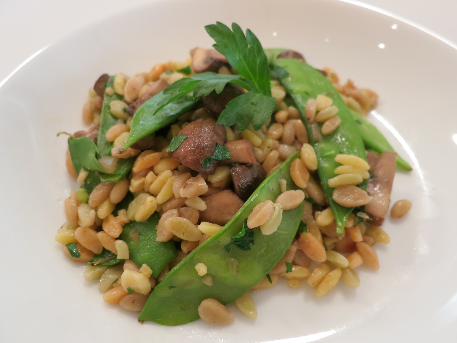 The Veracious Vegan Bon Vivant Orzo with Mushrooms, Snow Peas, and