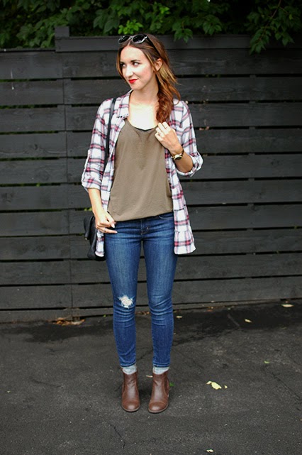 free people flannel, fall style, j brand 811 jeans, brown booties, red lips, dkny sunglasses, fall fashion, nashville street style