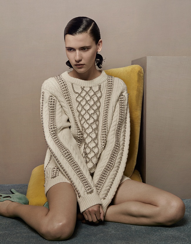 Alexander Wang 2015 AW White Beaded Cable-Knit Sweater Editorials