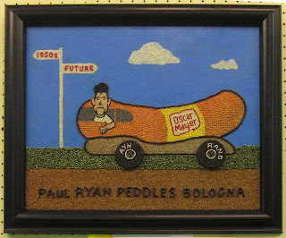 Paul Ryan driving the weinermobile with wheels labeled Ayn and Rand and a street sign pointing ahead to the 1950s
