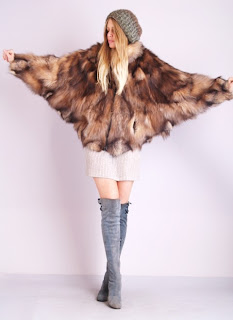 Vintage brown fox fur coat with batwing sleeves and scalloped hemline