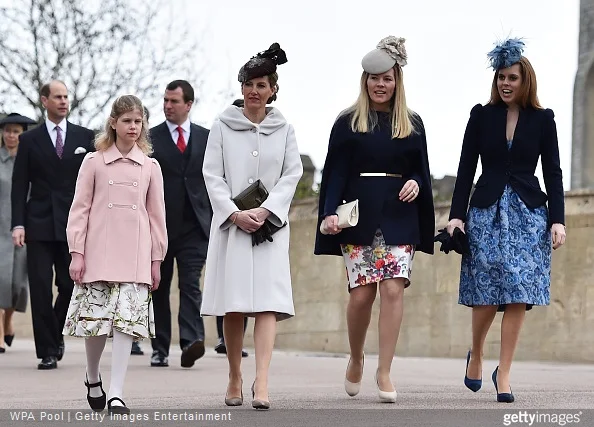  Lady Louise Windsor, Sophie, Countess of Wessex, Autumn Phillips and Princess Beatrice arrive to attend the Easter Sunday service at St George's Chapel at Windsor Castle