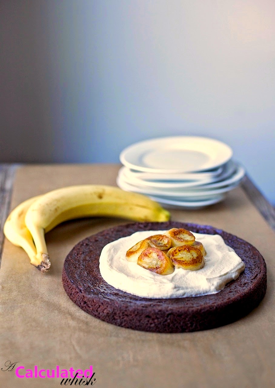 Fried Banana Brownie Cake with Honey Whipped Cream | acalculatedwhisk.com #primal #glutenfree #grainfree