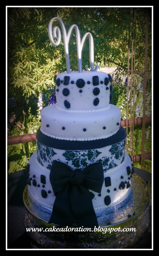 Black and White Damask Wedding Cake with Hand Made Poured Sugar Jewels