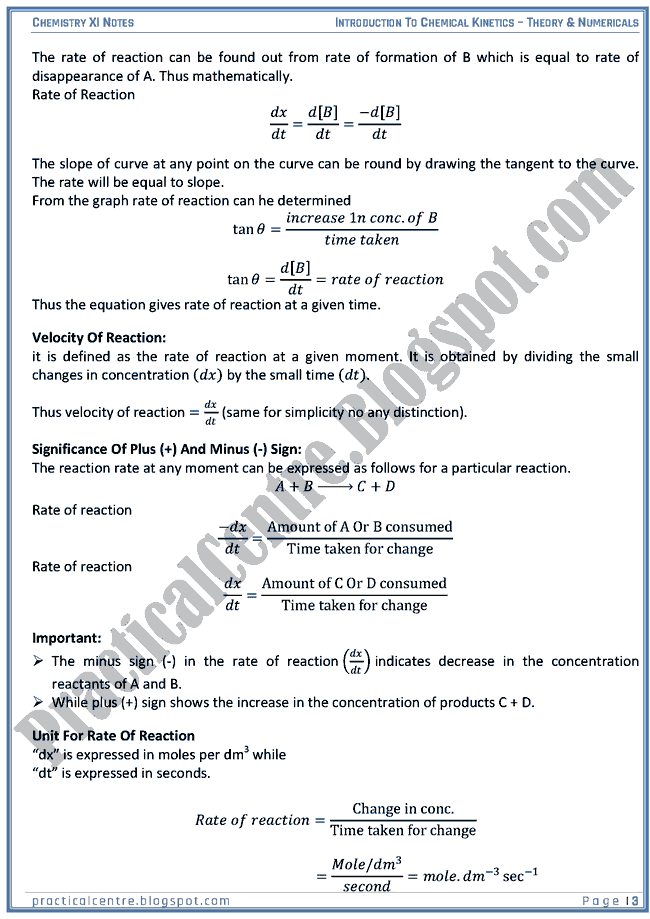 Introduction To Chemical Kinetics - Theory And Numericals (Examples And Problems) - Chemistry XI