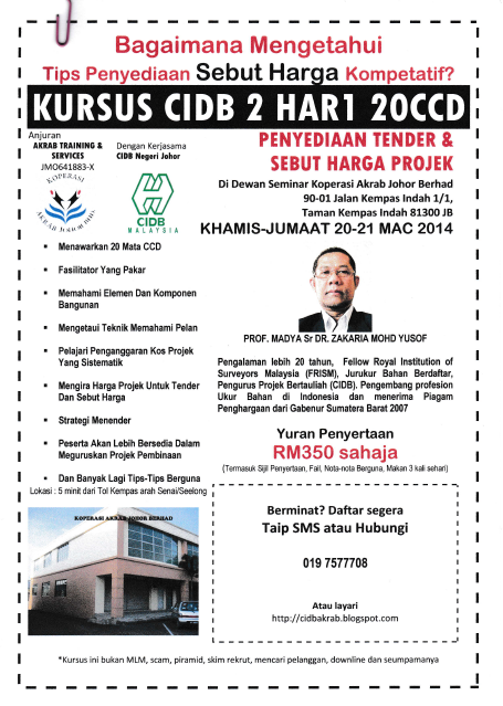 Kursus CIDB 2 Hari 20 CCD 20-21 Mac 2014 Penyediaan Tender & Sebut Harga Projek