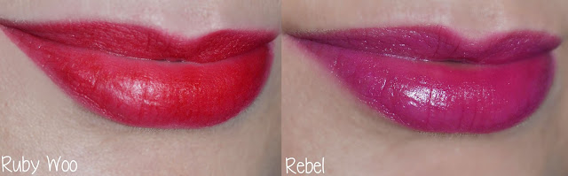 Photo of Mac Ruby Woo and Rebel lipstick swatches on lips