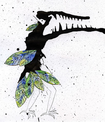 ink monster with water color leaf feathers