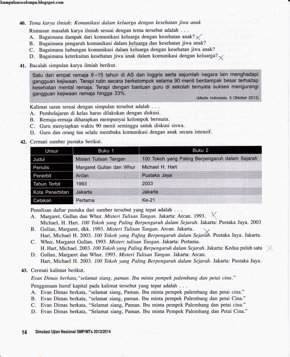 UN Bahasa Indonesia SMP 2013/2014 Kumpulan Soal dan