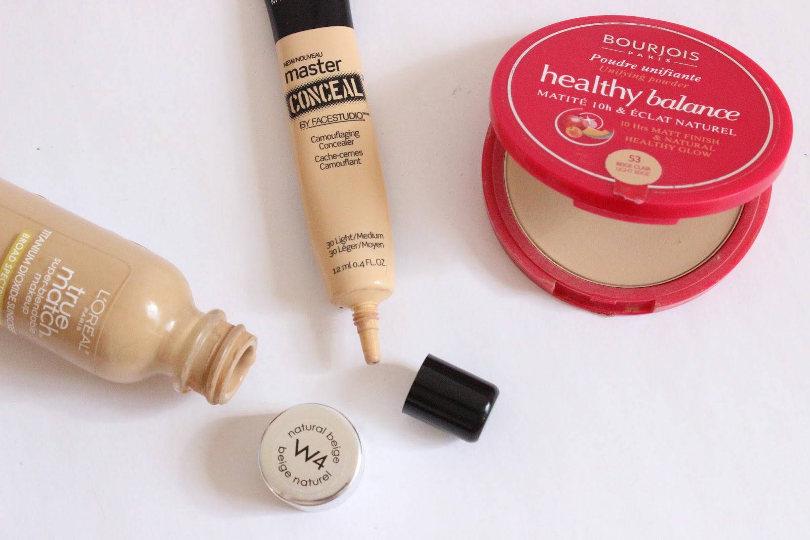 The Drugstore Base | L'Oreal True Match Foundation, Maybelline Master Conceal, Bourjois Healthy Balance Powder