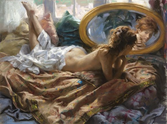 Vicente Romero pinturas mulheres impressionistas seminuas peladas Linda no espelho