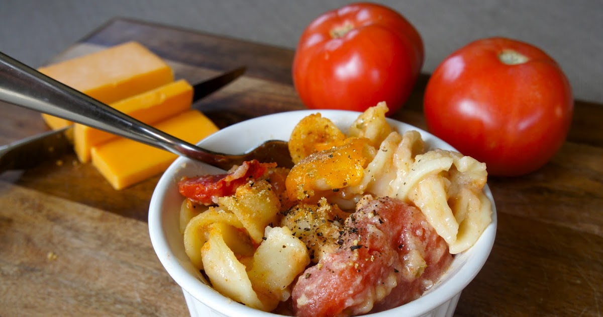 Table for Two. Baked Macaroni and Cheese with Stewed Tomatoes