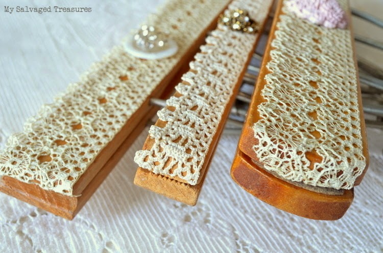 wooden hangers decorated with vintage lace buttons earrings