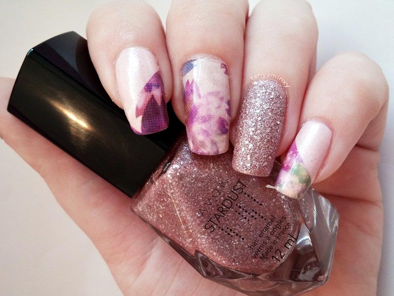 Purple Nude BPS Water Decals And Glitter Avon Stardust Crystalized Pink Nails Nail Art Design NOTD Manicure