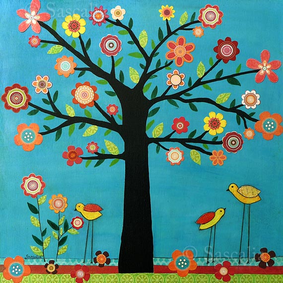 Art by Sascalia Retro Flower Tree Art Collage Painting Sunshine