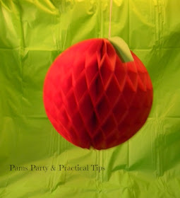 Hanging apple decoration made with paper honeycomb ball 