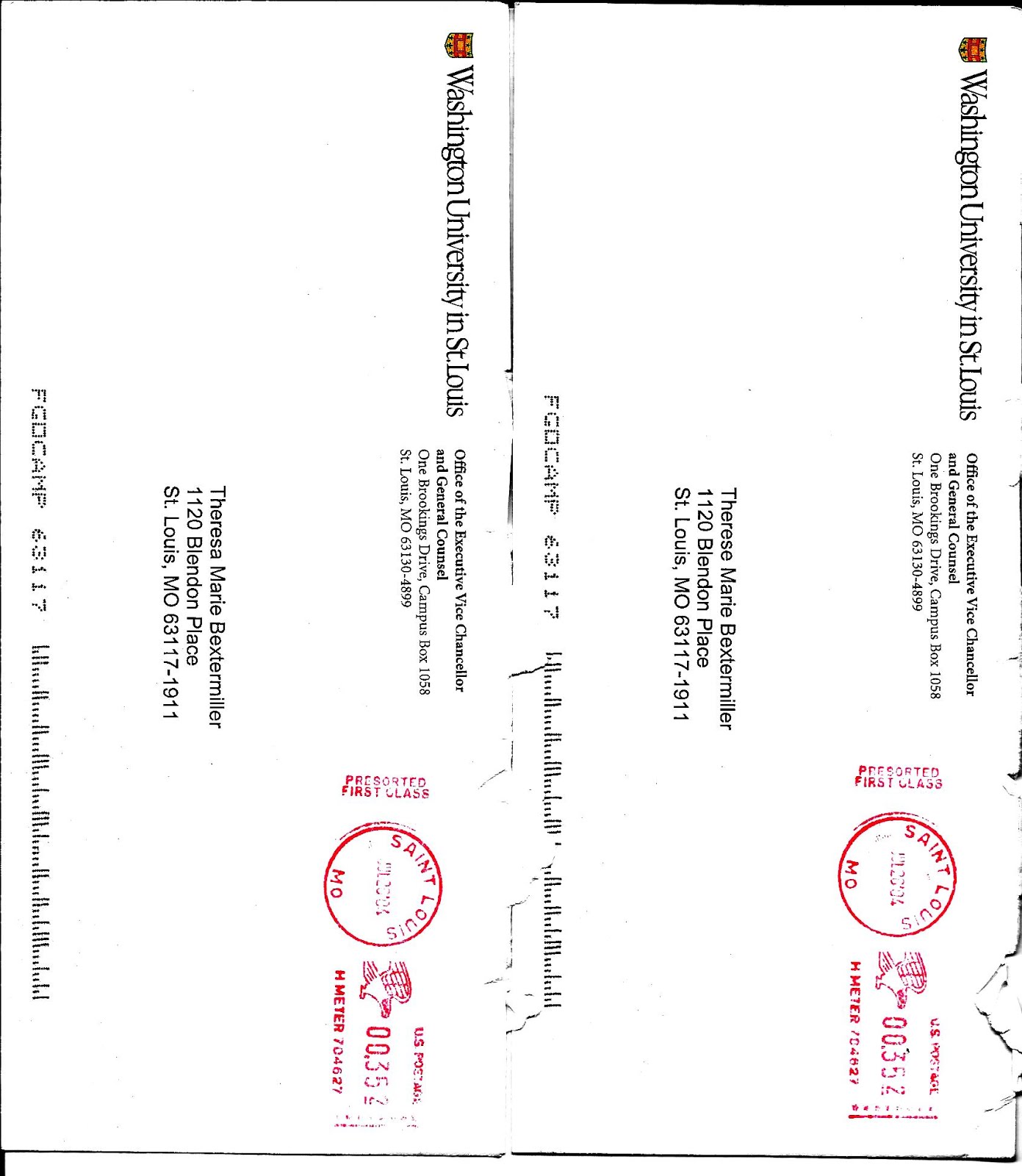 Two letter envelopes postmarked the same, from Washington University, regarding my thesis animation