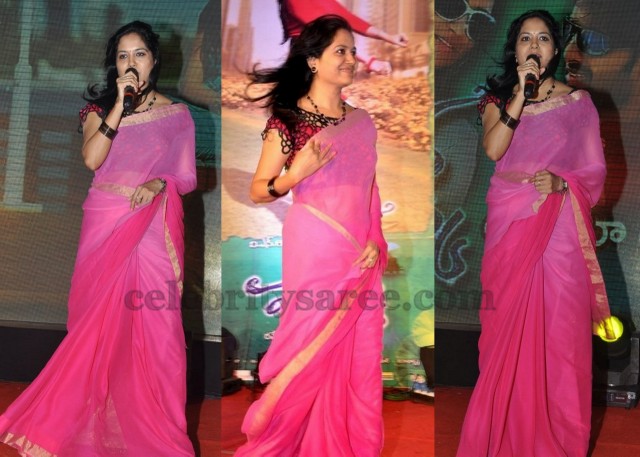 Singer Sunitha Pink Plain Saree