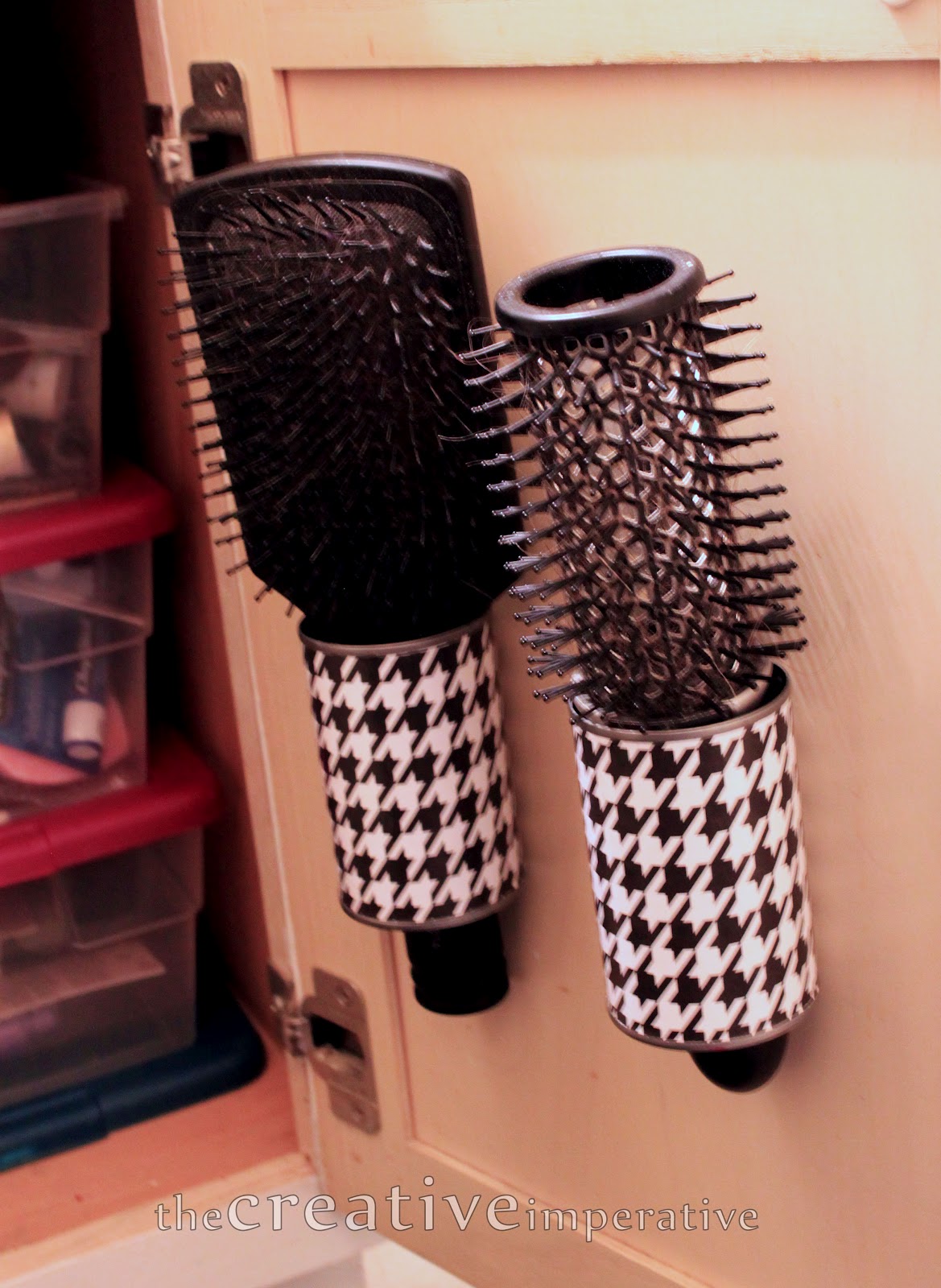 The Creative Imperative Hanging Hairbrush Storage from Tin Cans