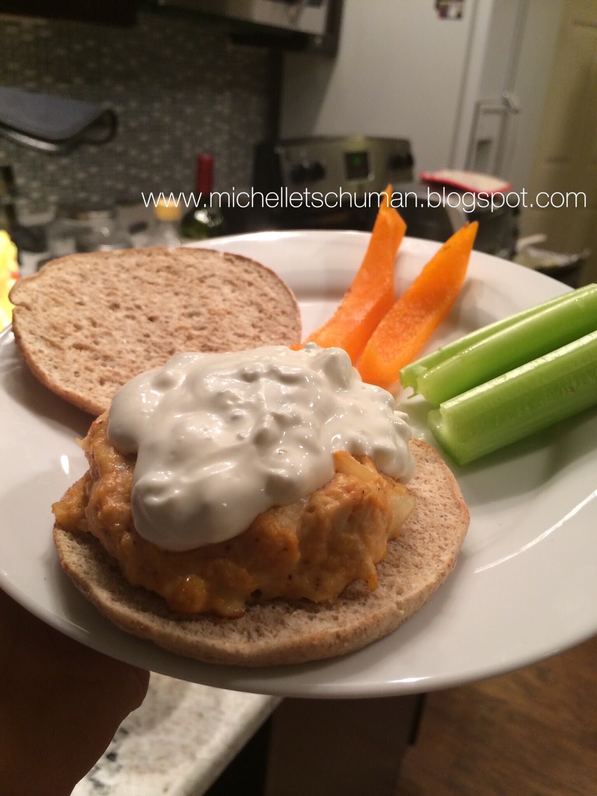 Fit by Example Baked Buffalo Chicken Burger with Blue Cheese Dressing