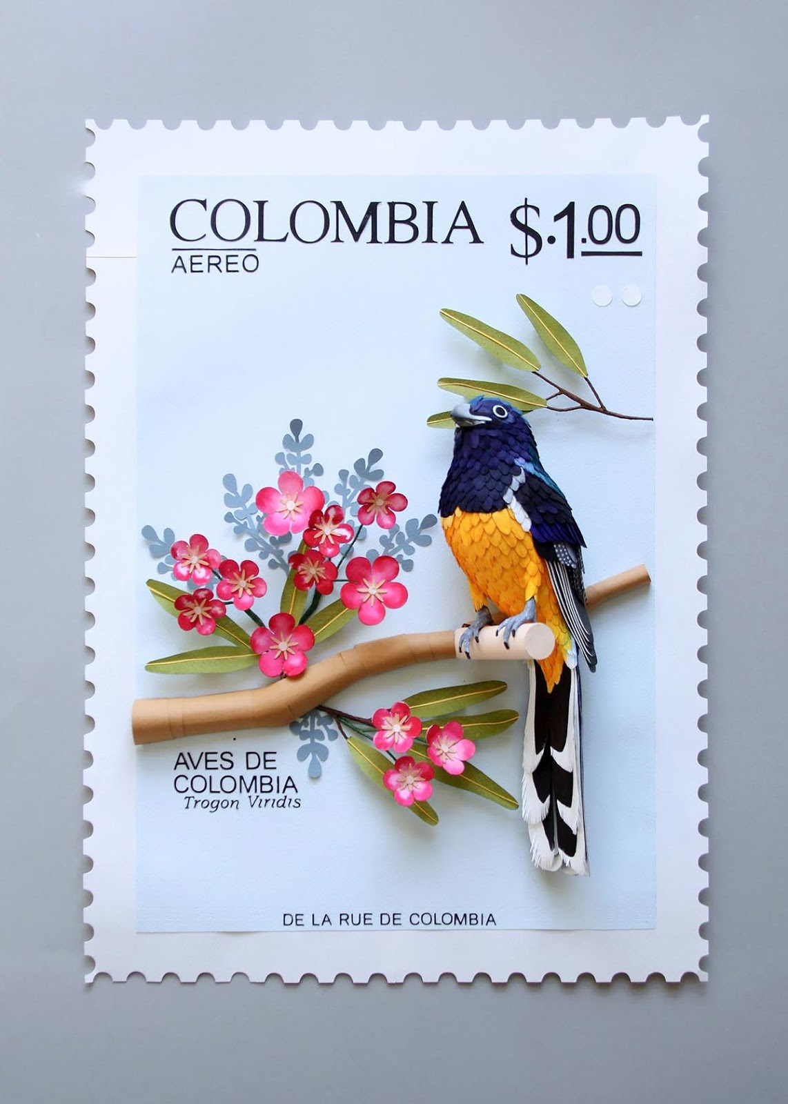 paper sculpture, bright colors, birds, stamps, art