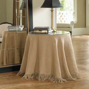 Round occasional table with a Wisteria burlap table cloth