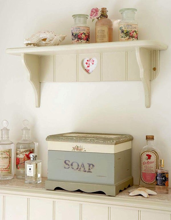 Cottage chic bathroom shelving and decor