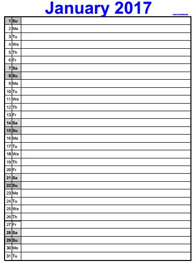 JANUARY 2017 template in landscape format with daily notes ... JANUARY 2017 template in landscape format with daily notes ...