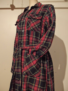 fwk by engineered garments classic shirt dress in black stewart tartan plaid