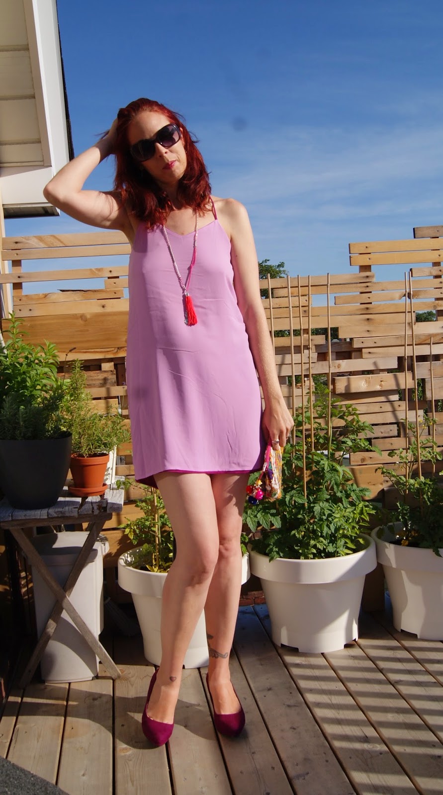 Reversible Cami Dress and necklace from Express, Walmart Shoes, Urban Outfitters Clutch,Fashion, Style, Orchid, Melanie_Ps, The Purple Scarf, Toronto, Outfit, Travel, Cami, accessories, Heels